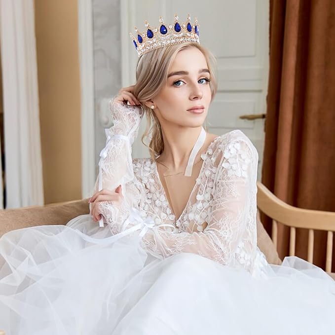 Blue Queen Crown for Women Crystal Tiara for Girl Rhinestone Wedding Headband for Bride Hair Accessories for Costume Birthday Party Prom Gifts