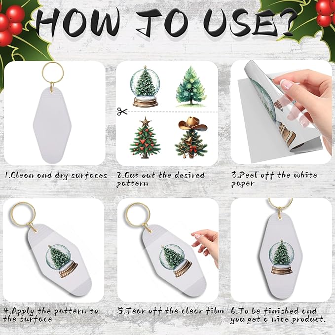 UV DTF Keychain Sticker,48 Sheets Cute Christmas Tree Transfer Stickers Suitable for Hotel Keys,and Crafts Decoration