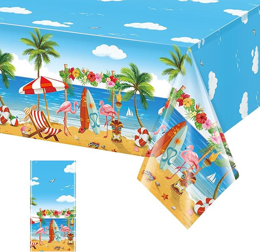 1 Pack Summer Beach Plastic Tablecloth Party Decorations, Disposable Aloha Luau Hawaiian Tablecloth, Flamingo Surfboard Table Cover for Summer Beach Pool Hawaiian Theme Party Decorations, 54 x 108Inch