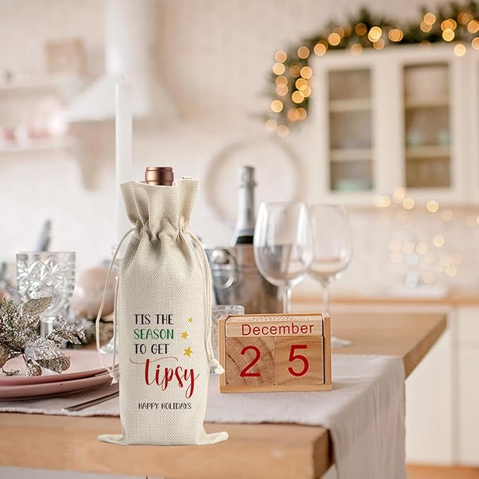 Funny Christmas Wine Bags for Wine Bottles Gifts Christmas Wine Bottle Cover Drawstring Gift Bags Tis The Season to Get Tipsy Burlap Wine Bag for Xmas Holiday Housewarming Party Decorations