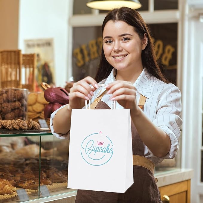 MESHA Gift Paper Bags 500 PACK 8x4.25x10.5 Inch White Medium Shopping Kraft Bags Bulk with Handles Reusable for Business Grocery Birthday Wedding Kids Party Favors(Made in USA)