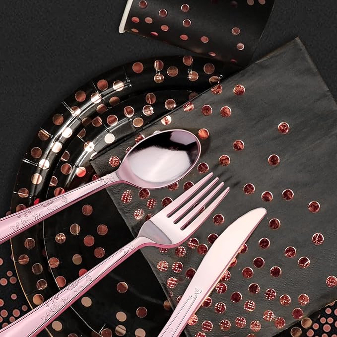176 Pieces Gold Disposable Party Dinnerware Set &Golden Dot Disposable Party Dinnerware - Black Paper Plates Napkins Cups, Gold Plastic Forks Knives Spoons (25 Guests,176 Pieces)