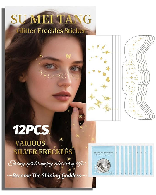 Glitter Freckles Face Tattoo Patches - 12PCS Temporary Sparkle Face Stickers with 10 Remover Wipes | Waterproof Festival Rave Party Makeup Accessories for Women Girls (Gold)
