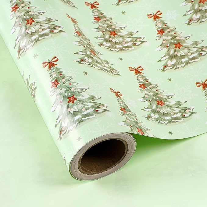 WRAPAHOLIC Reversible Christmas Wrapping Paper - Mini Roll - 17 Inch x 33 Feet - Light Green Christmas Tree Wrapping Paper for Xmas Holiday, Party Celebration