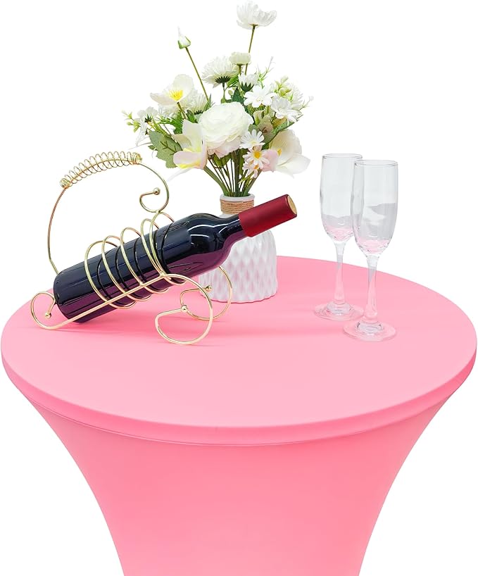 2PCS 24x43 Inch Round Fitted Cocktail Table Cover Pink Spandex Cocktail Table Cloth Highboy Fitted Tablecloth High Top Table Cloths for Party Pub Banquet Bistro