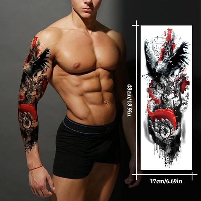 12 Sheets Black Large Full Arm Temporary Tattoos Adults, Waterproof Realistic Totem Flower Myth Angel Skull Fake Tattoos, Eagle Dragon Horse Tattoo Kits Parties Festivals Cosplay BBQ Pool Beach Party