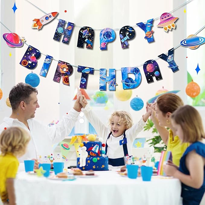 SUNBEAUTY Universe Outer Space Theme Birthday Banner Galaxy Happy Birthday Party Decoration Space Birthday Decorations Solar System Decoration | Pre-Strung