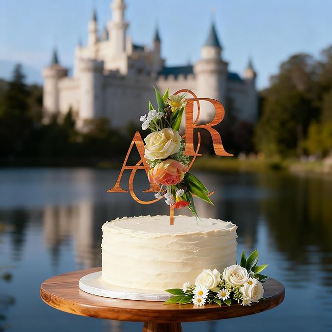 Wedding Cake Topper with 3D Artificial Flowers and Green Leaves Custom Initials Personalized Wooden Anniversary Cake Decoration (Maple)