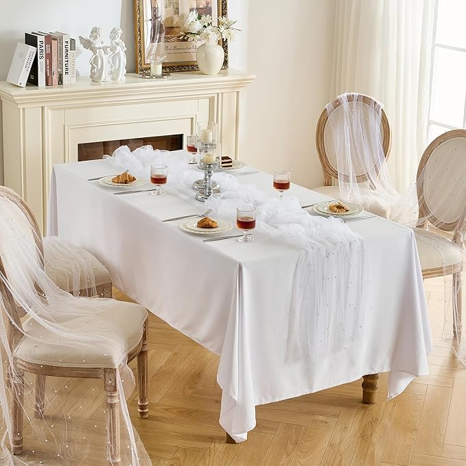 Fanami 6 Pack Pearl Table Runner -10FT Ivory White Boho Tulle Table Runners 120 Inches Long Rustic Sheer Lace Fabric Centerpieces for Wedding Arch Birthday Party Bridal Veil Baby Shower Decorations