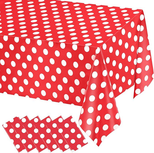 WNINK 6 Pack Red and White Polka Dot Tablecloths – Disposable Plastic Waterproof Table Cover, 54" x 108", for Birthday, Wedding, Bridal Shower, Bachelor Party, and Picnic