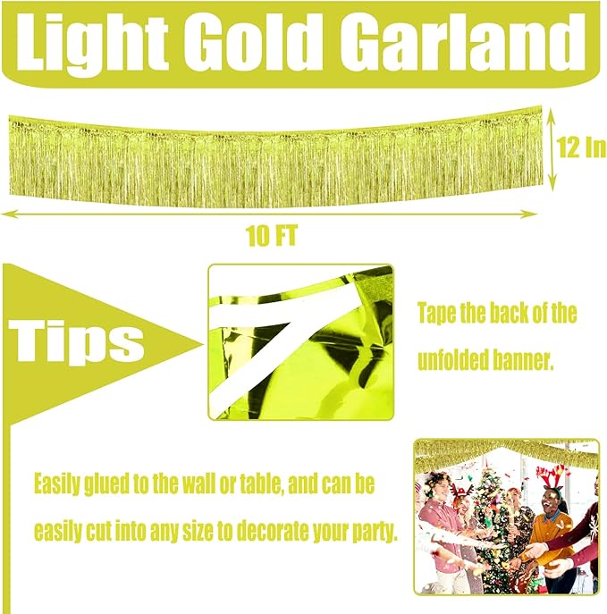 6 Pack 10 Feet Foil Fringe Garland Metallic Tinsel Streamers Banner Wall Hanging Curtain Backdrop for Parade Floats, Wedding, Disco, Birthday, Halloween, Christmas Party Decorations(Light Gold)