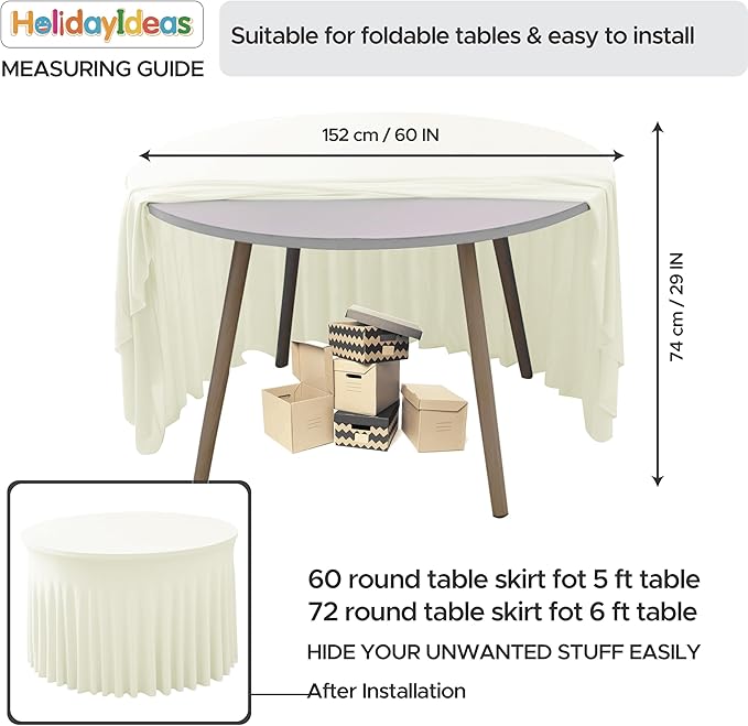 HolidayIdeas 60 Inch Beige Spandex Round Table Skirts,Fitted Stretch Tablecloths for Round 5 ft Table, Wrinkle-Free Ruffle Design Tablecloths for Banquets,Wedding,Trade Shows, Parties, Events, 6 Pcs
