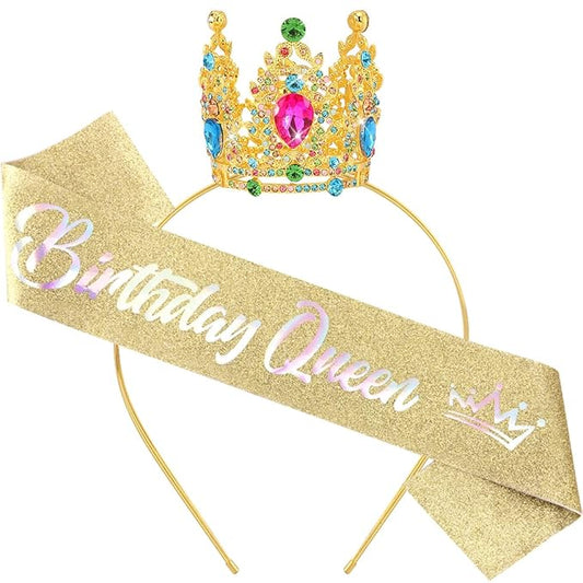 Birthday Queen Sash for Women Tiara & Crowns Headbands for Girls Happy Birthday Party Accessories Favor Supllies Leona Gold Pink, 2 Pack