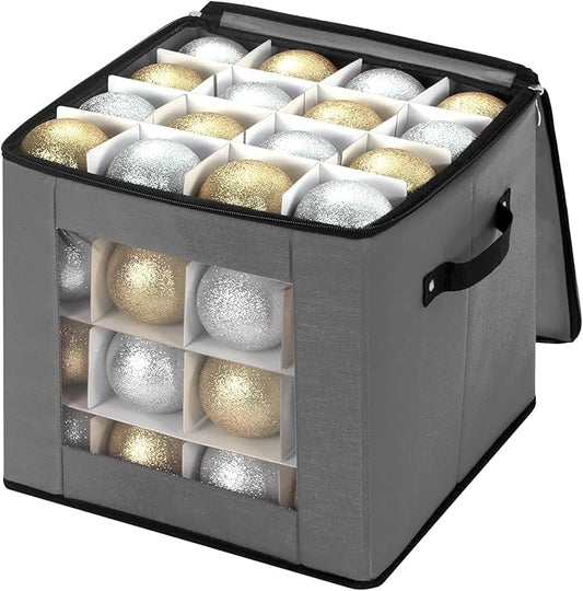 inin Christmas Ornament Storage Box with Adjustable Dividers,Christmas Ornaments Organizer with Zippered Top,Storage Container Bin for Holiday Decorations(64 Ball, Gray, Without Tray)