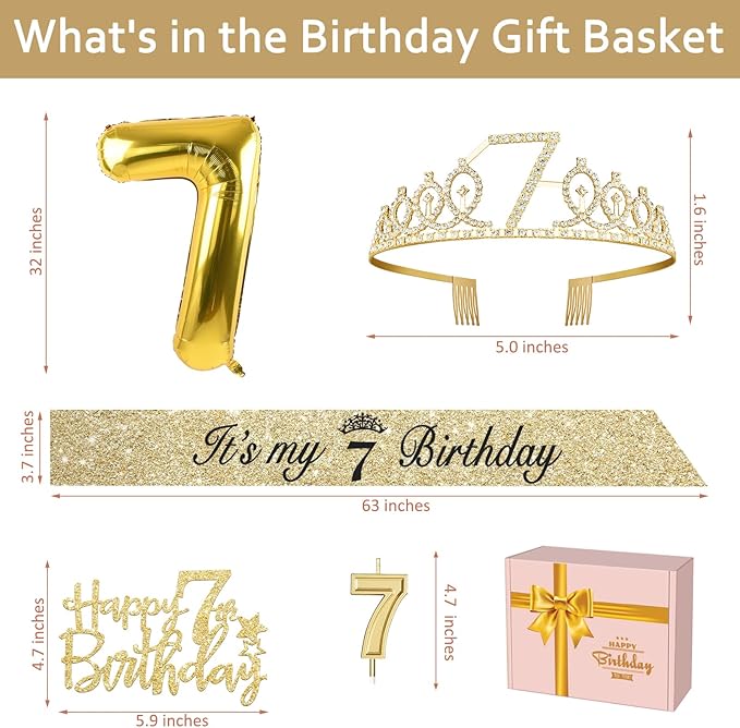7th Birthday Decorations for Girl with 7th Birthday Girl Sash and Tiara, Candles and Cake Topper, Number Balloons, 7 Year Old Girls Gifts