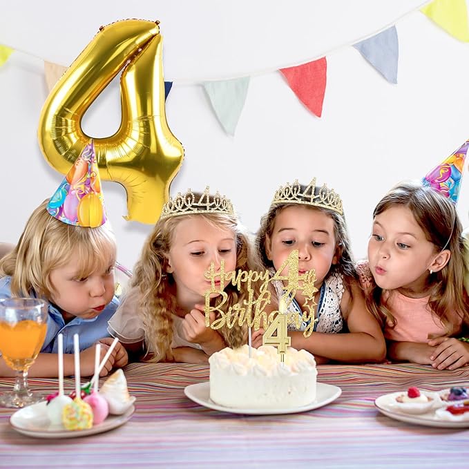 4th Birthday Decorations for Girl with 4th Birthday Sash and Crown, Candle and Cake Topper, Number Balloon, 4 Year Old Girl Gifts