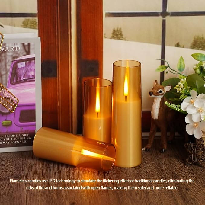 Flickering Flameless Candles 7Pcs Upgraded Realistic Dancing Flame Battery Operated Candles,LED Candles with Remote and Timers,Acrylic Electric Pillar Candles for Festivals Decor(Gold)