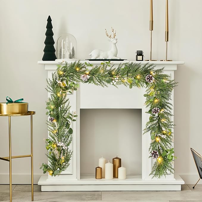 6FT Christmas Garlands with 20 LED Lights,Prelit Articial Spruce Garland with Eucalyptus Berry Pinecone,Battery Operated for Stair Winter Indoor Home Decor