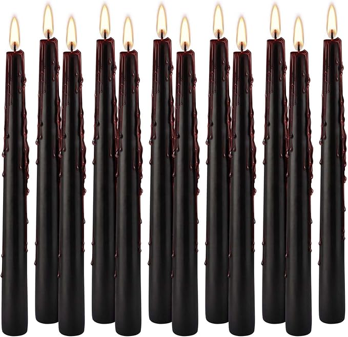 12PCS 10-Inch Black Bleeding Taper Candles,Vampire Tears Taper Candles- Unscented Ideal for Halloween, Christmas, Rituals, and Themed Party Decor