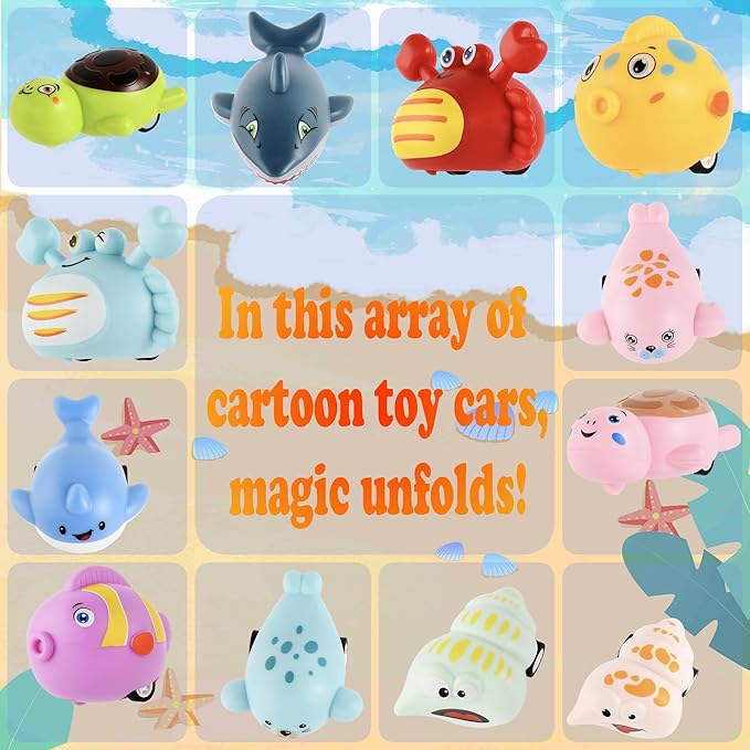 Small Pull Back Toy Cars Set,12 PCS Mini Racing Vehicles for Holiday Birthday Party Favors,Goodie Bag Stuffers,Classroom Prizes,Bulk Toys for Kids (Shark,Crab,Clownfish,Turtle,Dolphin,Sea Lion,Snail)