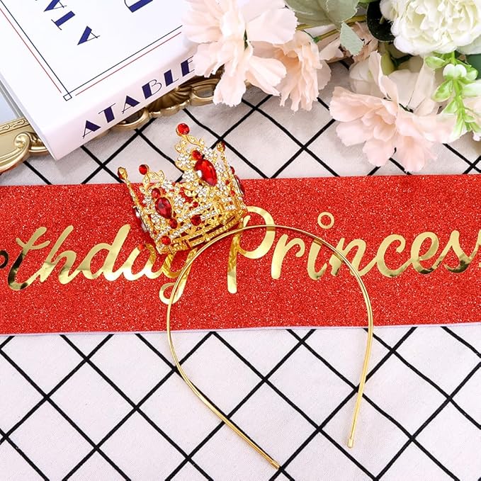 Birthday Princess Sash for Women Tiara & Crowns Headbands for Girls Happy Birthday Party Accessories Favor Supllies Leona Gold Red Pink, 2 Pack