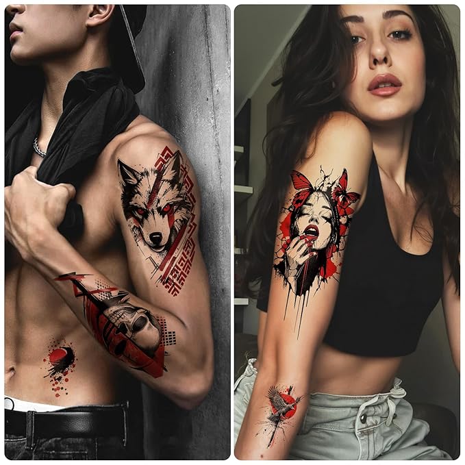 77 Sheets Trash Polka Temporary Tattoo for Women Men, 17 Sheets Half Arm Black Red Skull Wolf Cat Fake Tattoos, 60 Sheets Flower Owl Tiger Tiny for Adult Kids Body Tattoos Stickers Realistic