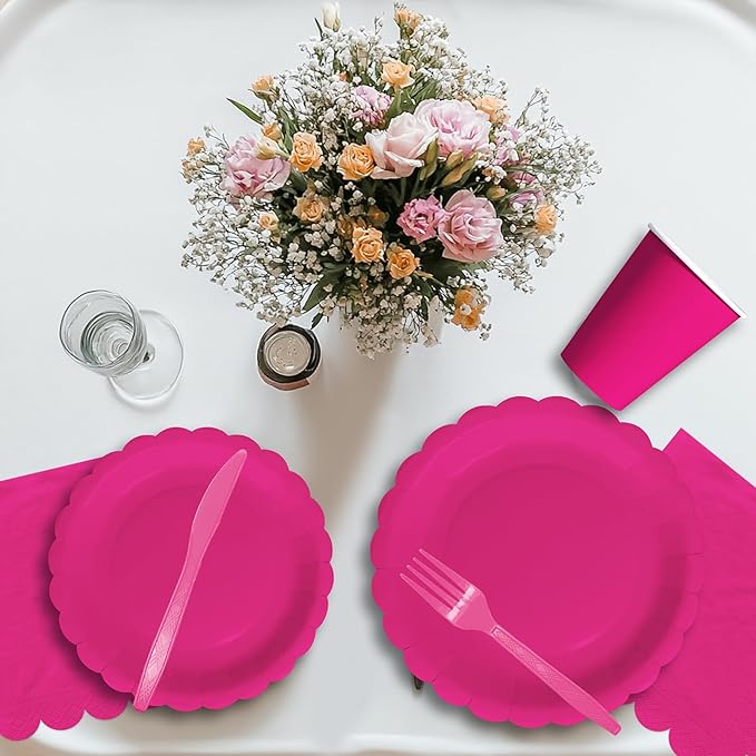 Hot Pink Party Decorations Supplies Tableware, Hot Pink Paper Plates And Napkins, Tablecloth Printed Table Runner, Cutlery, for Birthday Baby Bridal Shower Wedding Anniversary, Serves 24