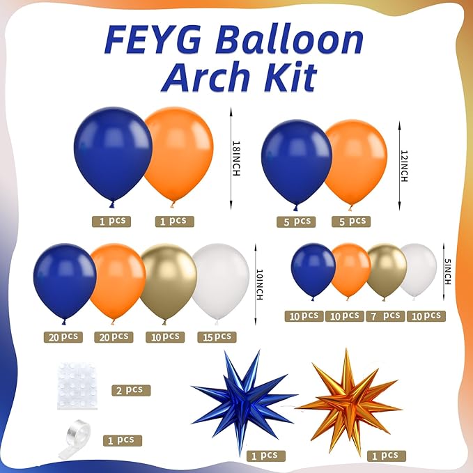 Orange and Blue Balloon Arch Kit, 120 Pcs Navy Royal Dark Blue Gold Orange Balloons Garland Kit with 4D Star Chrome Latex Balloons for Graduation Class of 2025 Thanksgiving Party Decorations