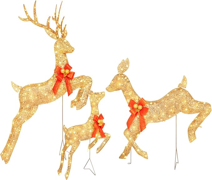NALONE Large 3 Pieces Lighted Reindeer Family Set, 3D Christmas Deer Decoration with 210 Warm White LED Lights, 4.7 FT Pre-lit Xmas Decor Outdoor Yard with Stakes, Bow Ties, Mat