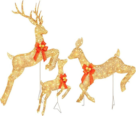 NALONE Large 3 Pieces Lighted Reindeer Family Set, 3D Christmas Deer Decoration with 210 Warm White LED Lights, 4.7 FT Pre-lit Xmas Decor Outdoor Yard with Stakes, Bow Ties, Mat