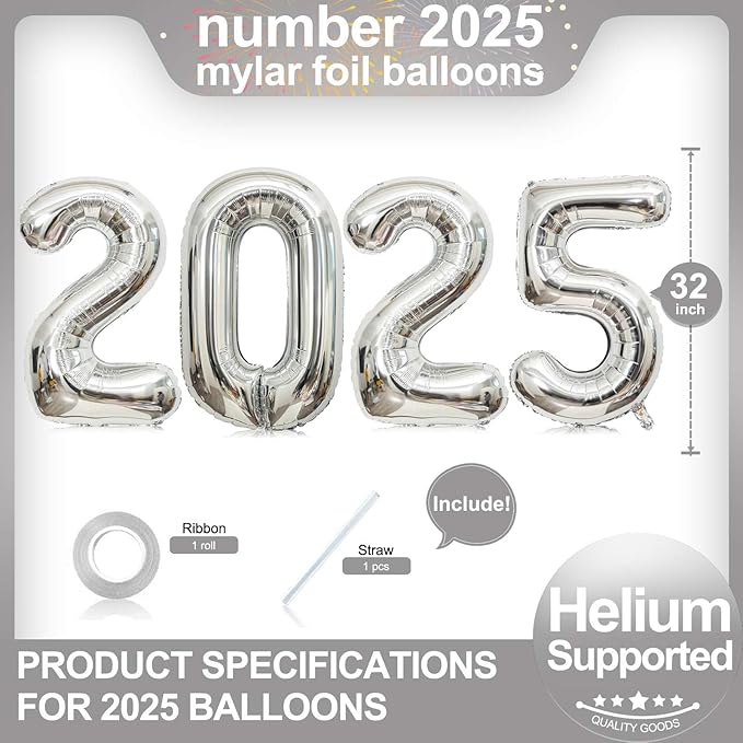 2025 Giant Silver Number Balloons - 32 Inch, Happy New Year Eve Party Supplies, New Year Decorations, Christmas & Graduation Decorations
