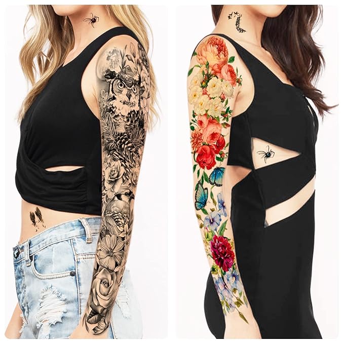 55 Sheets Temporary Tattoo for Men and Women, 8 Full Arm Fake Tattoos, 17 Half Arm Fake Skull Flower Tattoos, 30 Tiny for Adults Kids Body Shoulder Tattoos Stickers Waterproof Realistic Long-Lasting