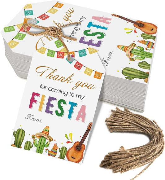 Aukolass 50PCS Fiesta Gift Tags, Thank You Tags for Mexican Themed Party Favors and Taco Bout a Baby Party Decorations-Double-sided (White)