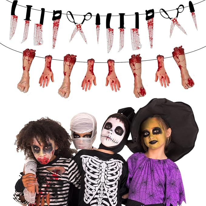 Halloween Horror Outdoor-Indoor Party-Decorations Supplies - 4pcs Creepy Fake Knife Hanging Banner,Spooky Home Streamers Garland,Haunted Mansion Room Wall Backdrop Decor Burgleda