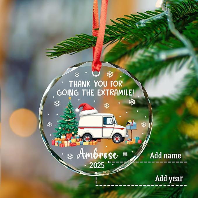Personalized Mail Carrier Christmas Tree Ornament 2025, Thank You for Going The Extra Mile! Glass Ornaments for Postman, Postal Worker Christmas Keepsake Gifts, Mailman Xmas Ornament Custom Name