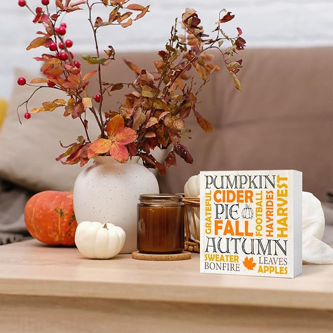 Funny Autumn Wood Box Sign Autumn Theme Wooden Block Desk Decor for Home Office Kitchen Cubicle Table Shelf Tabletop,Farmhouse Fall Sign Decor