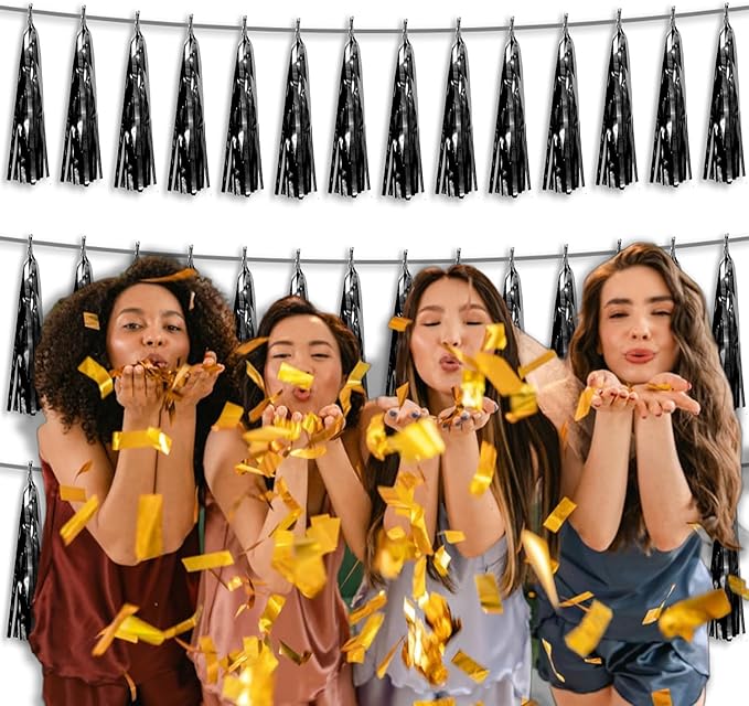 3P Metallic Fringe Tassel Banner Garland Foil Tinsel Streamer Wall Hanging Curtain Backdrop Banners for Parade Floats, 2024 Graduation Decorations, Father’s Day Party Decoration(Black)