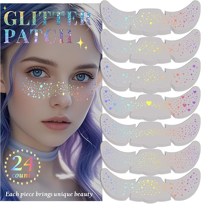 24pcs Glitter Freckles Makeup Patches-Holographic-Face Glitter Speckles, Sparkle Speckles Patches for Women, Cute Sparkling Fake Freckles, Glitter Freckles Face Tattoo, Musical Festival Accessories