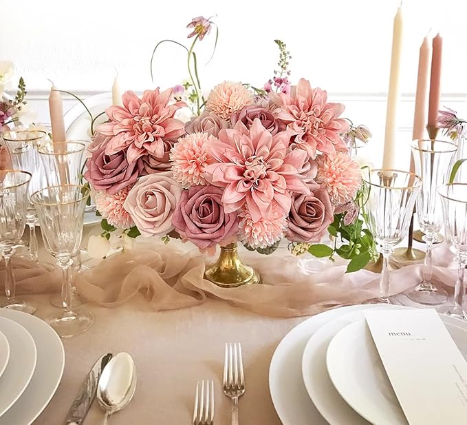 Dusty Roses Artificial Flowers Pink Fake Flower Bulk for DIY Wedding Bouquet Bridal Baby Shower Centerpiece Table Decorations Silk Faux Floral Arrangements for Party Home Decor Indoor