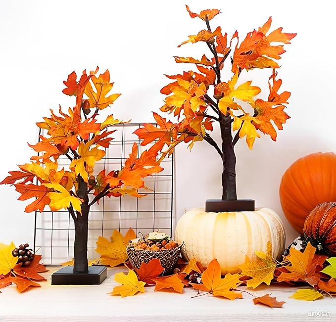 Fall Decorations Artificial Fall Lighted Maple Tree,Total 48 LED Battery/USB Operated Pumpkins Maple Acorn Tree for Table Fireplace Harvest Home Indoor Thanksgiving Decor (2)