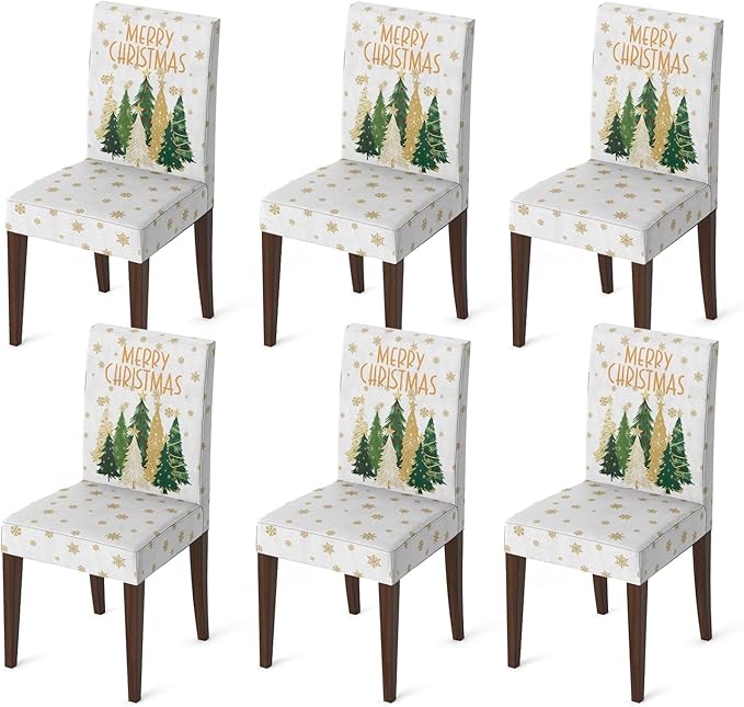 Horaldaily 6PCS Christmas Dining White Chair Covers, Christmas Pine Tree Stars Stretch Removable Washable Slipcover Chair Protector for Dining Room Home Decor