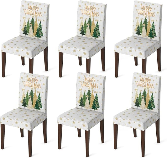 Horaldaily 6PCS Christmas Dining White Chair Covers, Christmas Pine Tree Stars Stretch Removable Washable Slipcover Chair Protector for Dining Room Home Decor