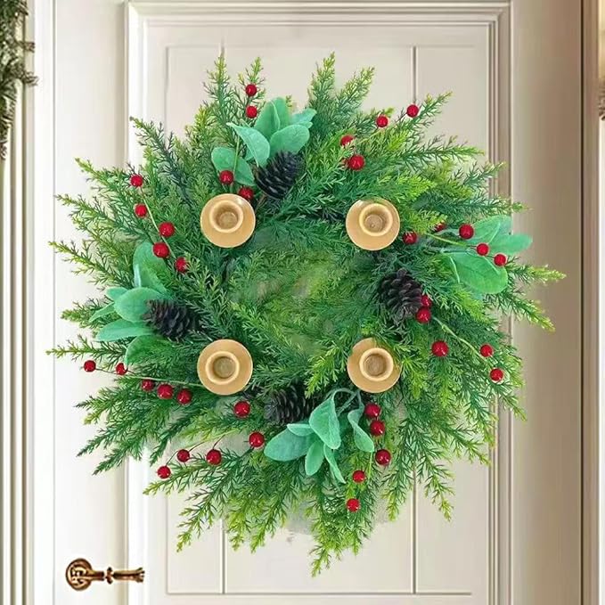 20 Inch Christmas Candlestick Wreath for Front Door,Artificial Pine Wood Paired with Berries Used for Window, Wall, Porch, and Other Indoor and Outdoor Home Decorations