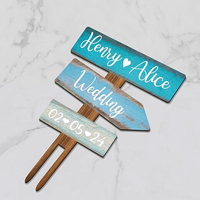Personalized Beach Themed Wedding Cake Topper in Wood Custom Bride & Groom Names Initials Wedding Date Cake Decoration (Ocean)