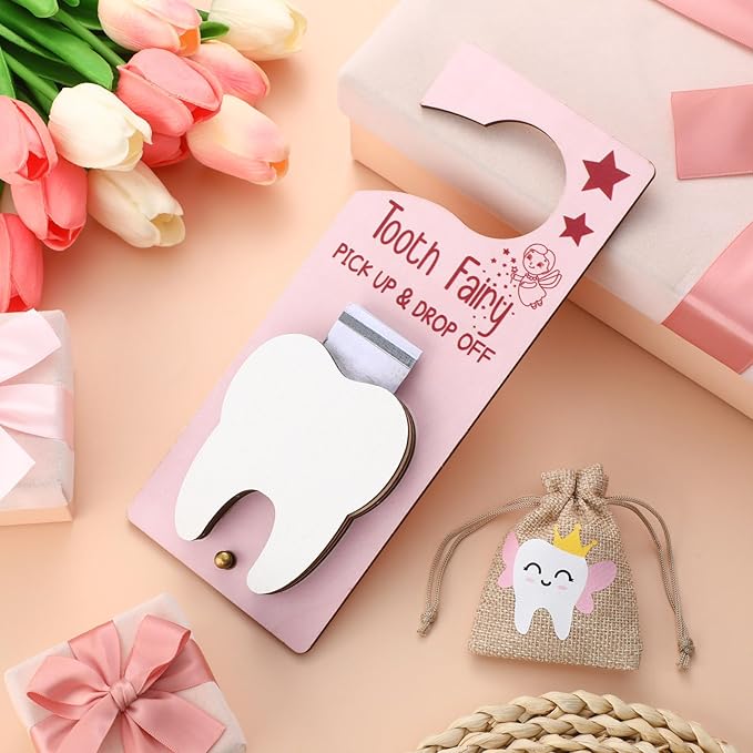 Tooth Fairy Holder Bag Hanger with Money Slot Keepsake Bottle Velvet Pouch Tooth Fairy Box Encourage Gift for Lost Teeth Boy Girl Milk(Classic,Pink Brown)