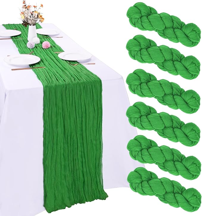 6 Pack Green Cheesecloth Table Runner 10FT Boho Gauze Fabric 35 x 120 Inch Rustic Sheer Runner for Christmas Centerpiece Wedding Decor Baby Shower Party Boho Table Decoration