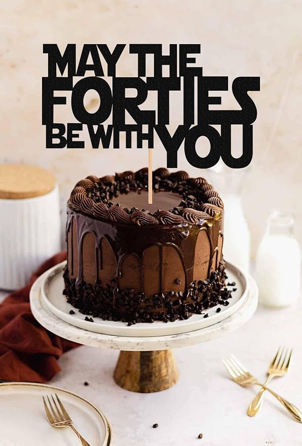 May The Forties Be With You Cake Topper - Glitter Black 40th Birthday Cake Decorations, 40th Wedding Anniversary Cake Pick