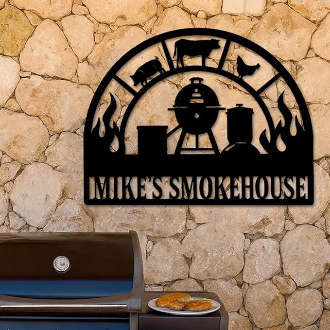 Custom Smokehouse Metal Sign, Personalized BBQ Grill and Smoker Plaque with Fire and Farm Animal Design, Outdoor Patio Yard Wall Decor for Barbecue Lovers, Rustic Christmas Birthday Gift