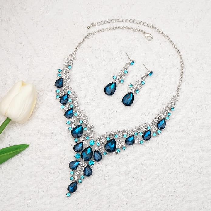 CSY Elegant Crystal Costume Jewelry Sets Flower Bridal Necklace Earrings Stretch Bangle Set for Bride Bridesmaid Wedding Dress Accessories