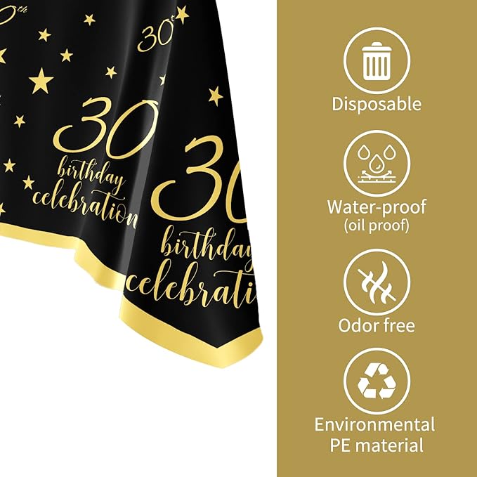 Gatherfun 30th Birthday Disposable Tablecloth 4 Pack Gold and Black Waterproof Plastic Table Cover for Men Woman 30 Birthday Party Decorations